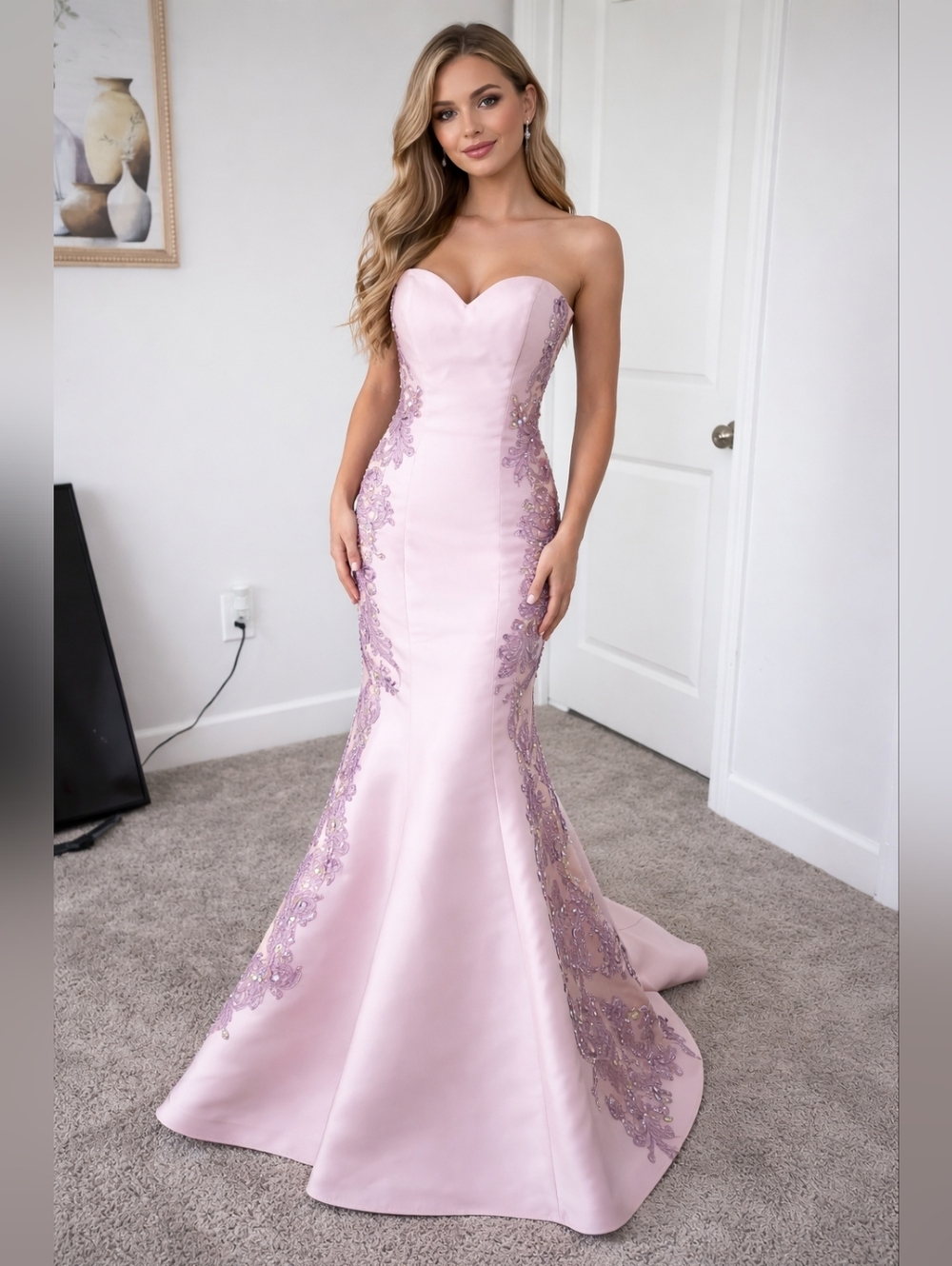 Blush Pink Mermaid Gown Size 4 – Lace Strapless Formal Dress